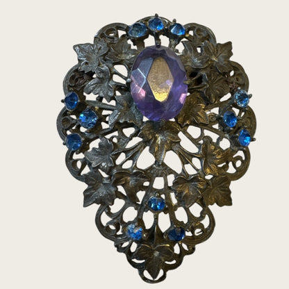 Antique Victorian Bohemian Filigree Brooch with Blue Rhinestones & Purple Center Cabochon – Hand-Repaired Heirloom, c. 1890–1910