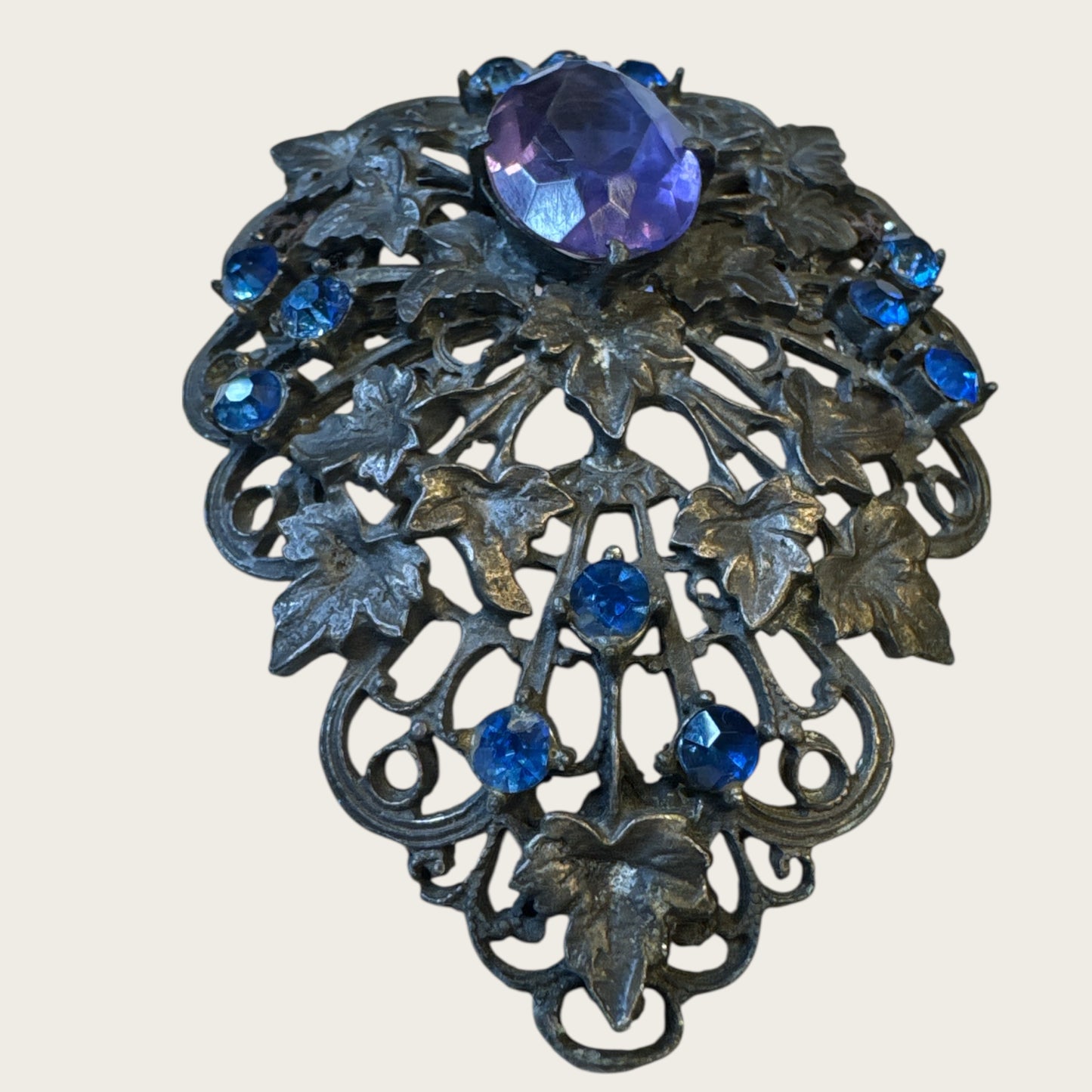 Antique Victorian Bohemian Filigree Brooch with Blue Rhinestones & Purple Center Cabochon – Hand-Repaired Heirloom, c. 1890–1910