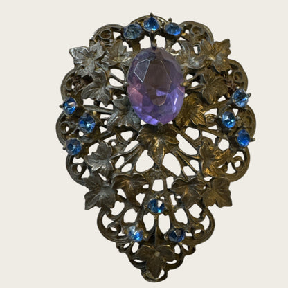 Antique Victorian Bohemian Filigree Brooch with Blue Rhinestones & Purple Center Cabochon – Hand-Repaired Heirloom, c. 1890–1910