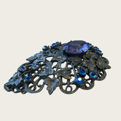 Antique Victorian Bohemian Filigree Brooch with Blue Rhinestones & Purple Center Cabochon – Hand-Repaired Heirloom, c. 1890–1910