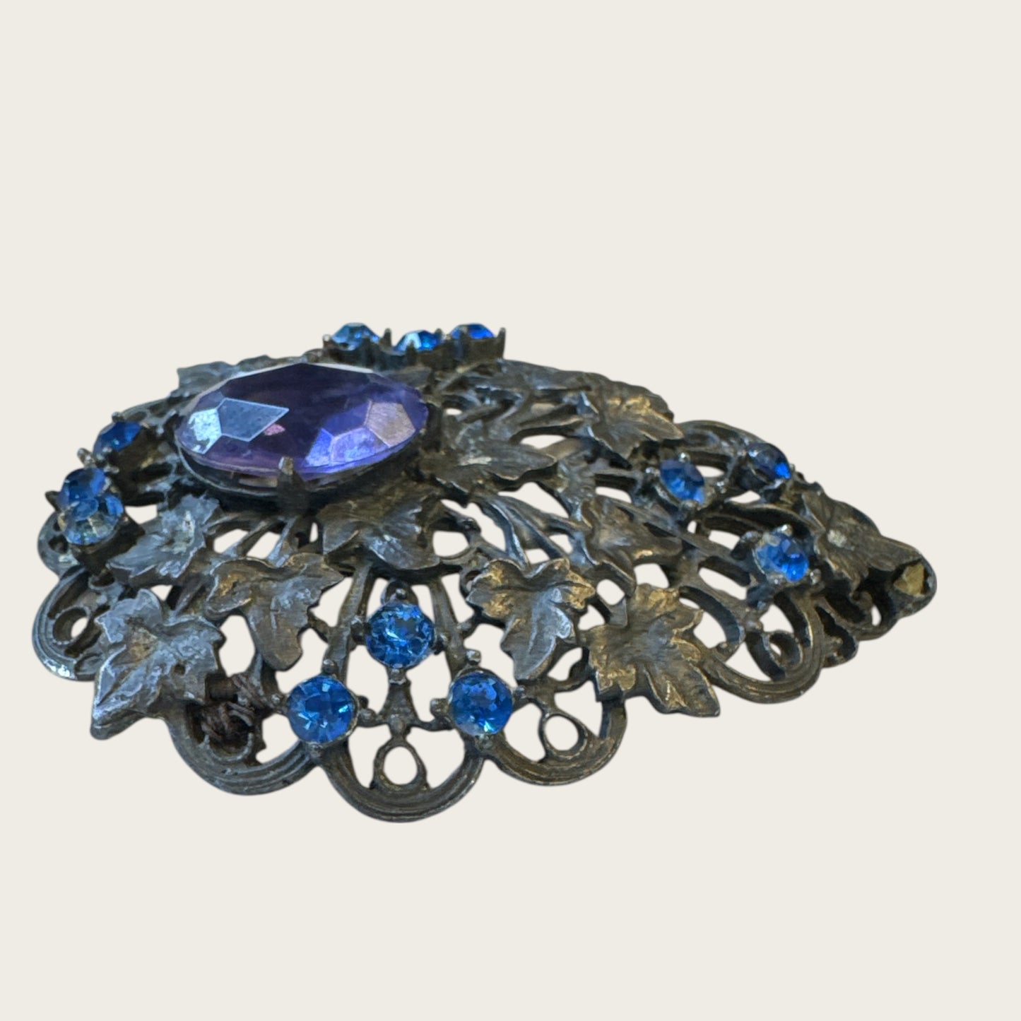 Antique Victorian Bohemian Filigree Brooch with Blue Rhinestones & Purple Center Cabochon – Hand-Repaired Heirloom, c. 1890–1910