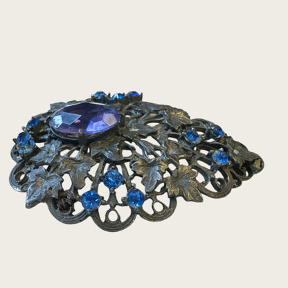 Antique Victorian Bohemian Filigree Brooch with Blue Rhinestones & Purple Center Cabochon – Hand-Repaired Heirloom, c. 1890–1910