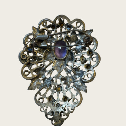 Antique Victorian Bohemian Filigree Brooch with Blue Rhinestones & Purple Center Cabochon – Hand-Repaired Heirloom, c. 1890–1910