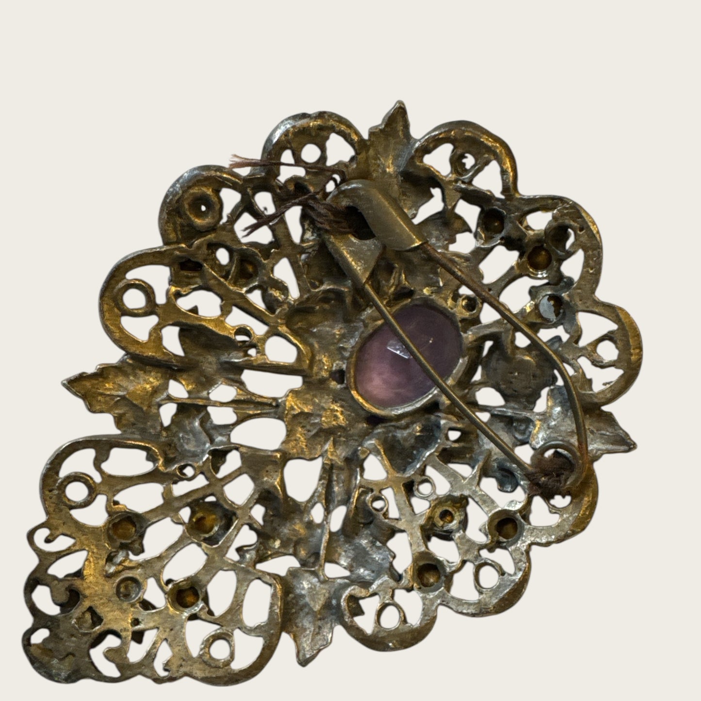 Antique Victorian Bohemian Filigree Brooch with Blue Rhinestones & Purple Center Cabochon – Hand-Repaired Heirloom, c. 1890–1910
