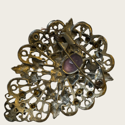 Antique Victorian Bohemian Filigree Brooch with Blue Rhinestones & Purple Center Cabochon – Hand-Repaired Heirloom, c. 1890–1910