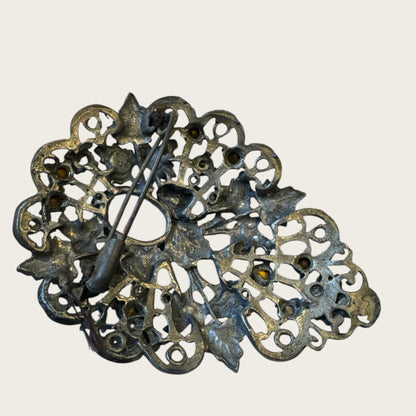 Antique Victorian Bohemian Filigree Brooch with Blue Rhinestones & Purple Center Cabochon – Hand-Repaired Heirloom, c. 1890–1910