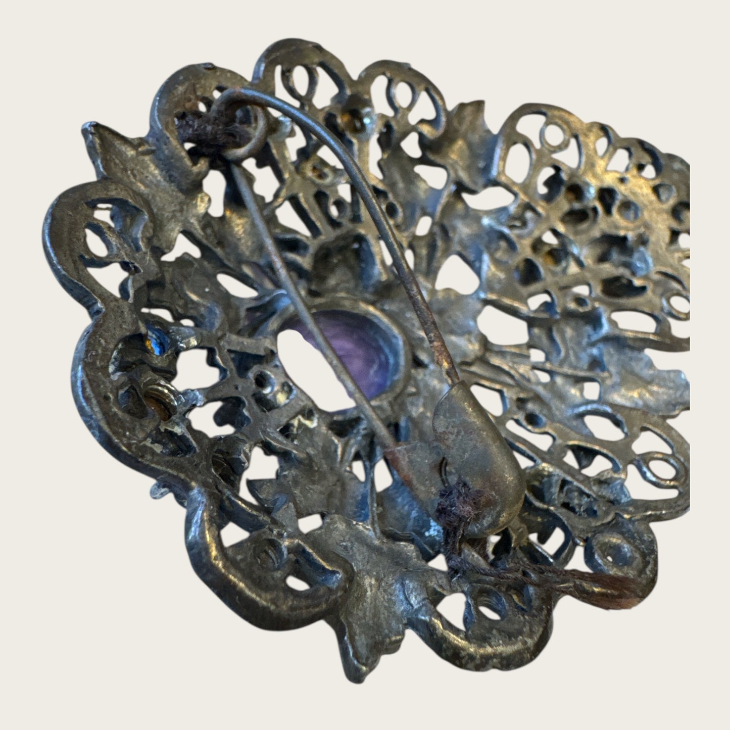 Antique Victorian Bohemian Filigree Brooch with Blue Rhinestones & Purple Center Cabochon – Hand-Repaired Heirloom, c. 1890–1910