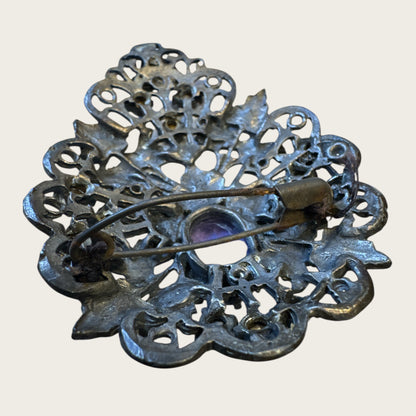 Antique Victorian Bohemian Filigree Brooch with Blue Rhinestones & Purple Center Cabochon – Hand-Repaired Heirloom, c. 1890–1910