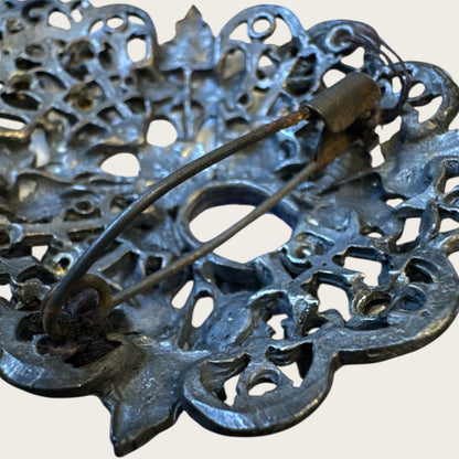 Antique Victorian Bohemian Filigree Brooch with Blue Rhinestones & Purple Center Cabochon – Hand-Repaired Heirloom, c. 1890–1910