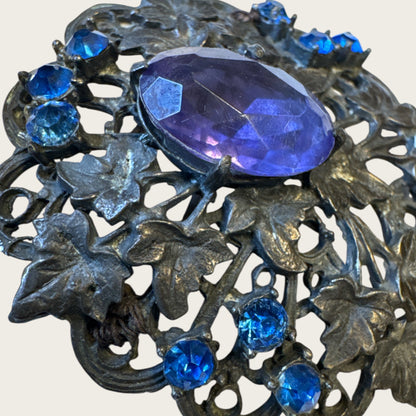 Antique Victorian Bohemian Filigree Brooch with Blue Rhinestones & Purple Center Cabochon – Hand-Repaired Heirloom, c. 1890–1910