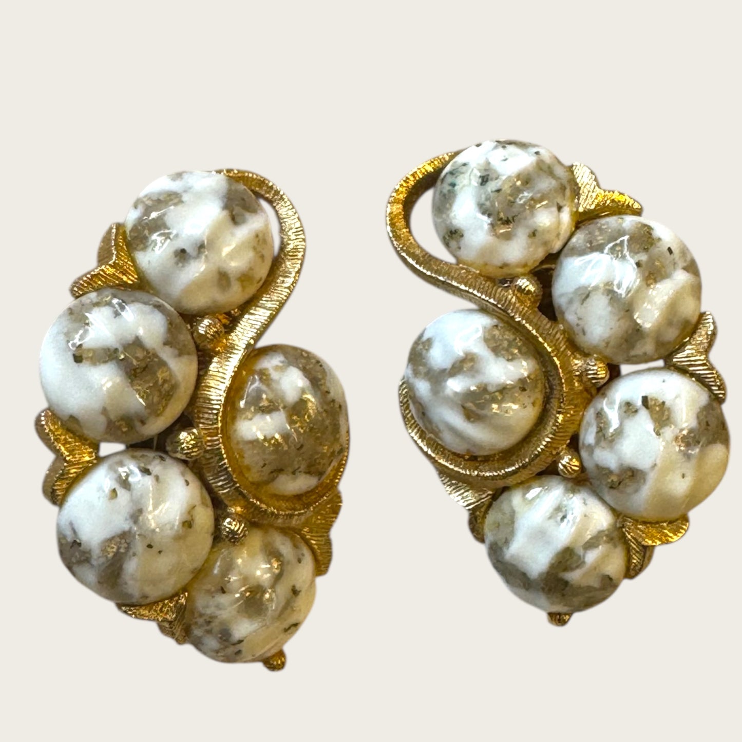 Vintage Kramer Gold-Tone Clip-On Earrings with White & Gold Foil Art Glass Cabochons