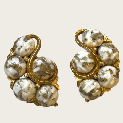 Vintage Kramer Gold-Tone Clip-On Earrings with White & Gold Foil Art Glass Cabochons