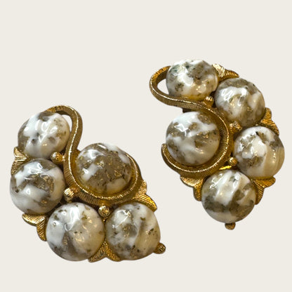 Vintage Kramer Gold-Tone Clip-On Earrings with White & Gold Foil Art Glass Cabochons