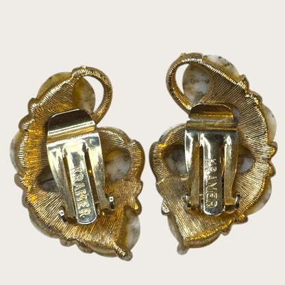 Vintage Kramer Gold-Tone Clip-On Earrings with White & Gold Foil Art Glass Cabochons