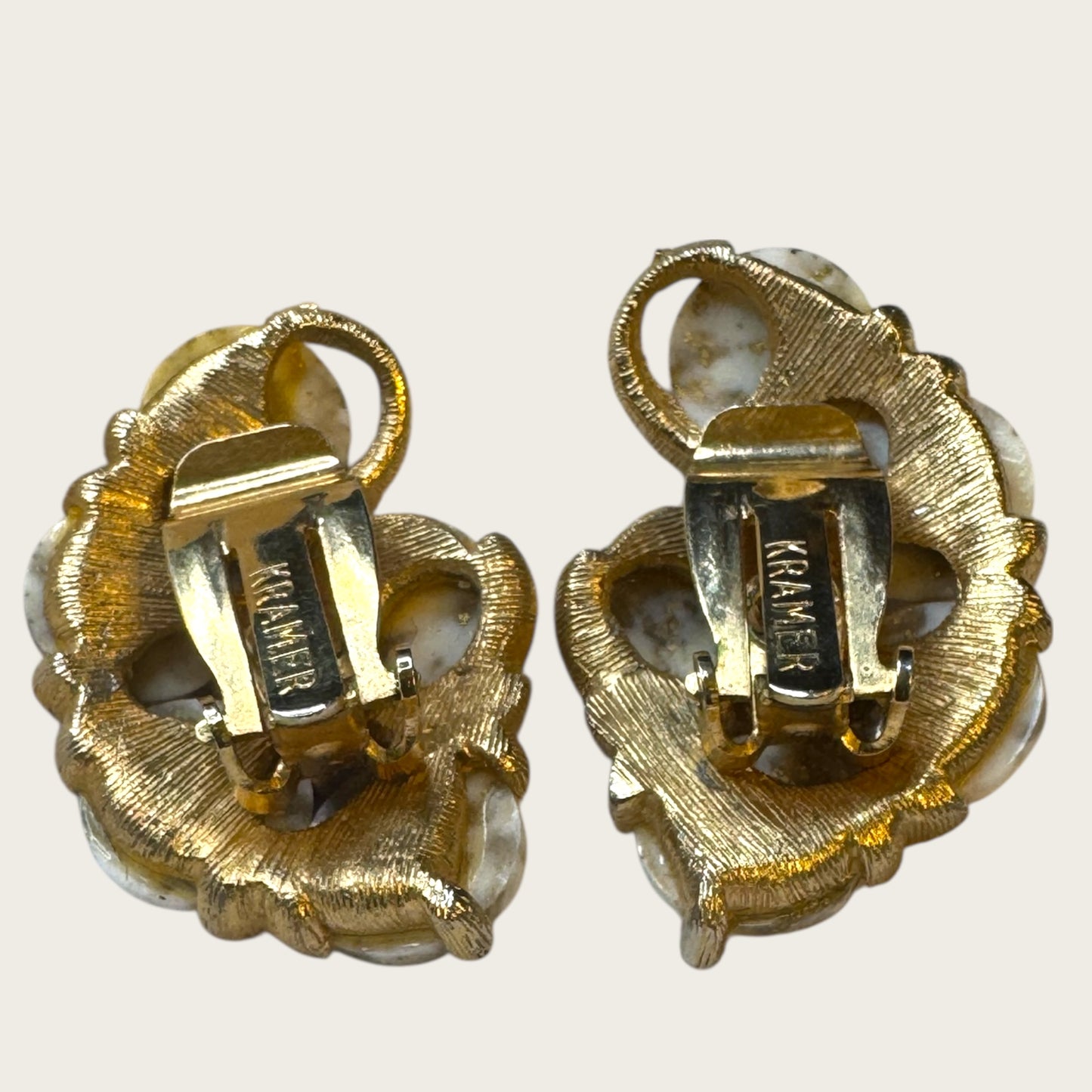 Vintage Kramer Gold-Tone Clip-On Earrings with White & Gold Foil Art Glass Cabochons