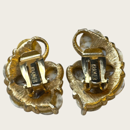 Vintage Kramer Gold-Tone Clip-On Earrings with White & Gold Foil Art Glass Cabochons
