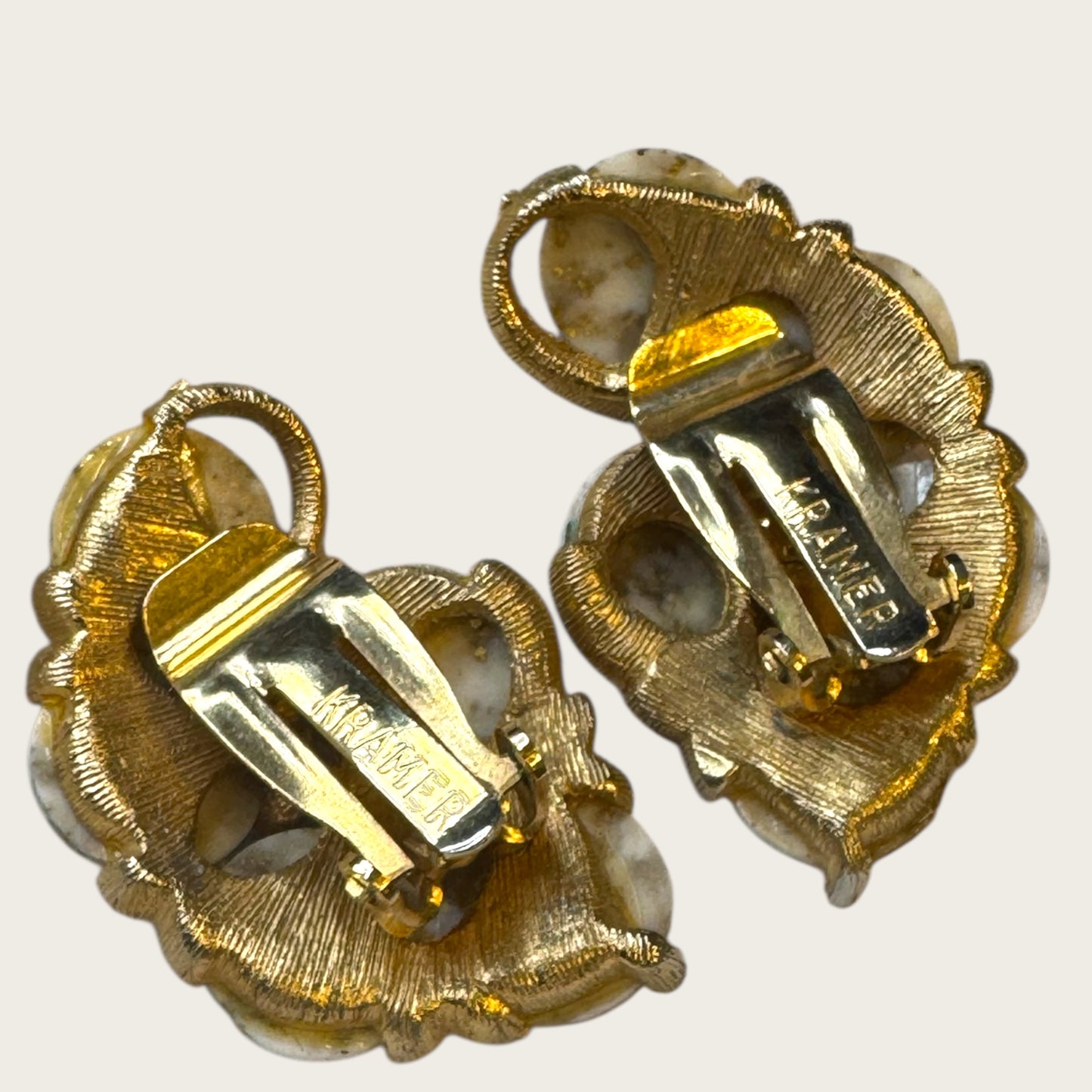 Vintage Kramer Gold-Tone Clip-On Earrings with White & Gold Foil Art Glass Cabochons