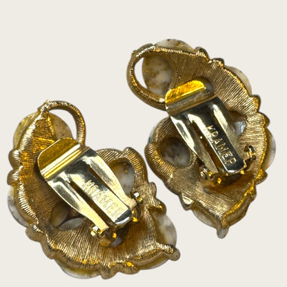 Vintage Kramer Gold-Tone Clip-On Earrings with White & Gold Foil Art Glass Cabochons