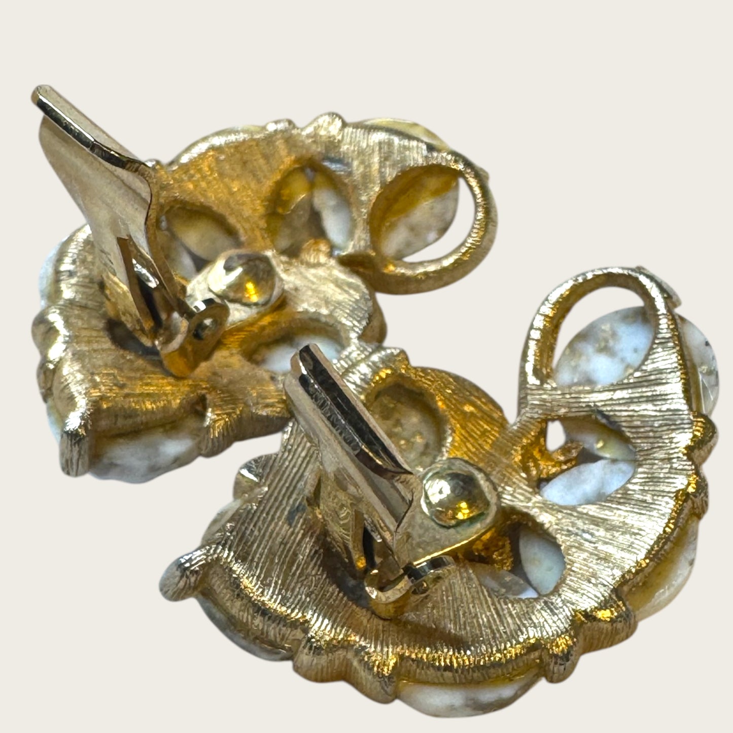 Vintage Kramer Gold-Tone Clip-On Earrings with White & Gold Foil Art Glass Cabochons