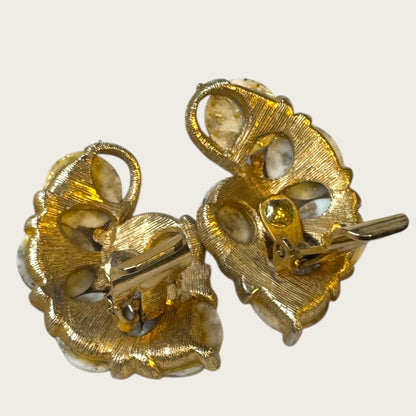 Vintage Kramer Gold-Tone Clip-On Earrings with White & Gold Foil Art Glass Cabochons