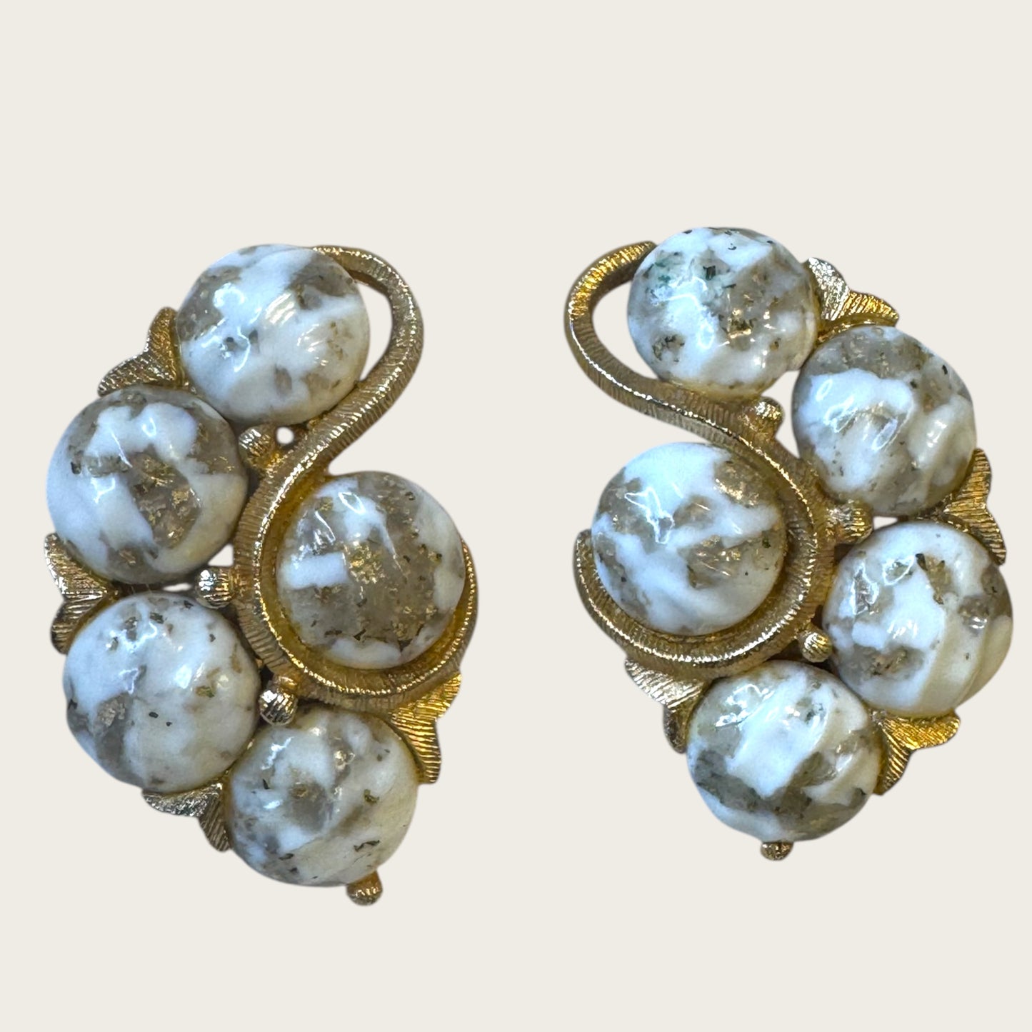 Vintage Kramer Gold-Tone Clip-On Earrings with White & Gold Foil Art Glass Cabochons
