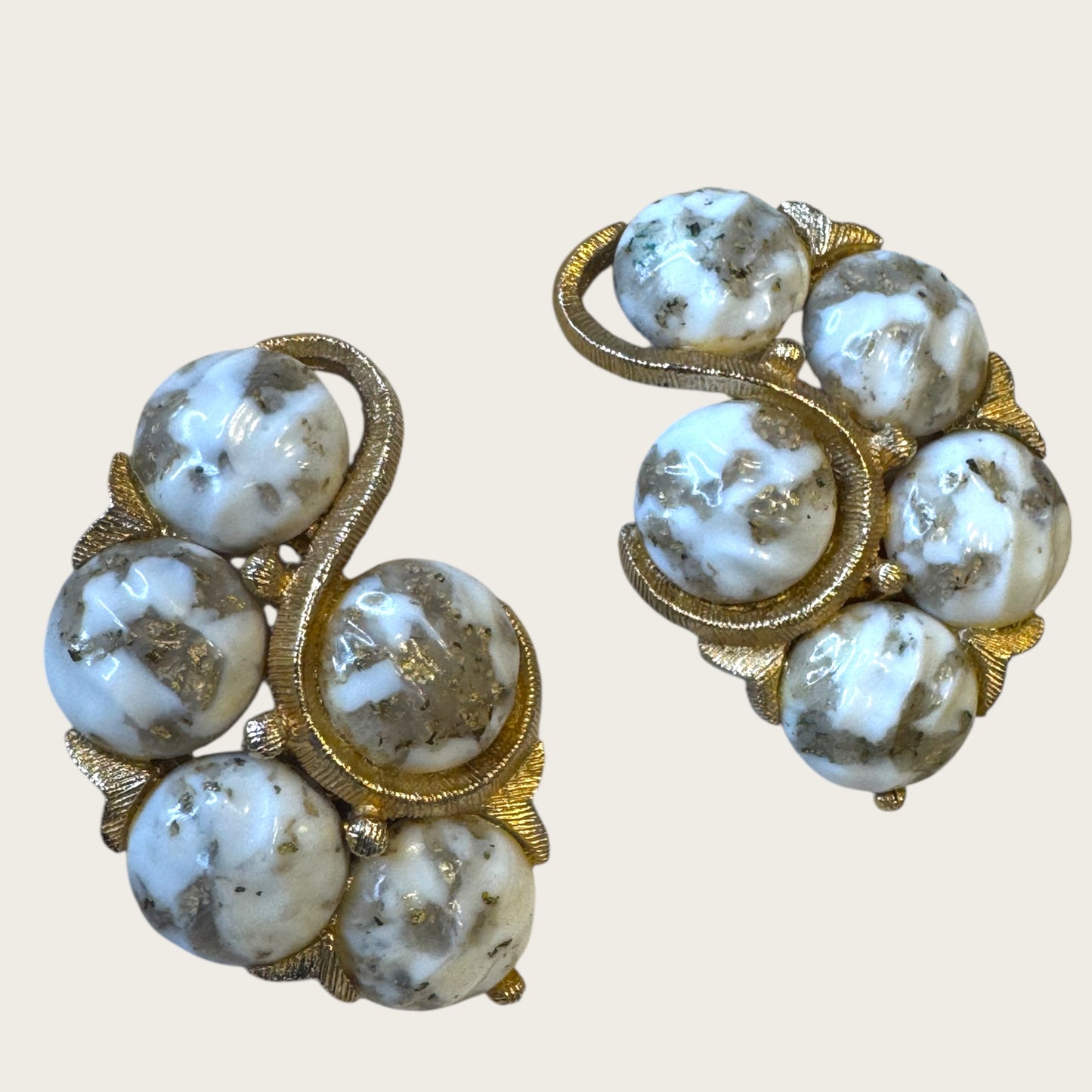 Vintage Kramer Gold-Tone Clip-On Earrings with White & Gold Foil Art Glass Cabochons