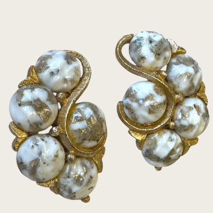 Vintage Kramer Gold-Tone Clip-On Earrings with White & Gold Foil Art Glass Cabochons
