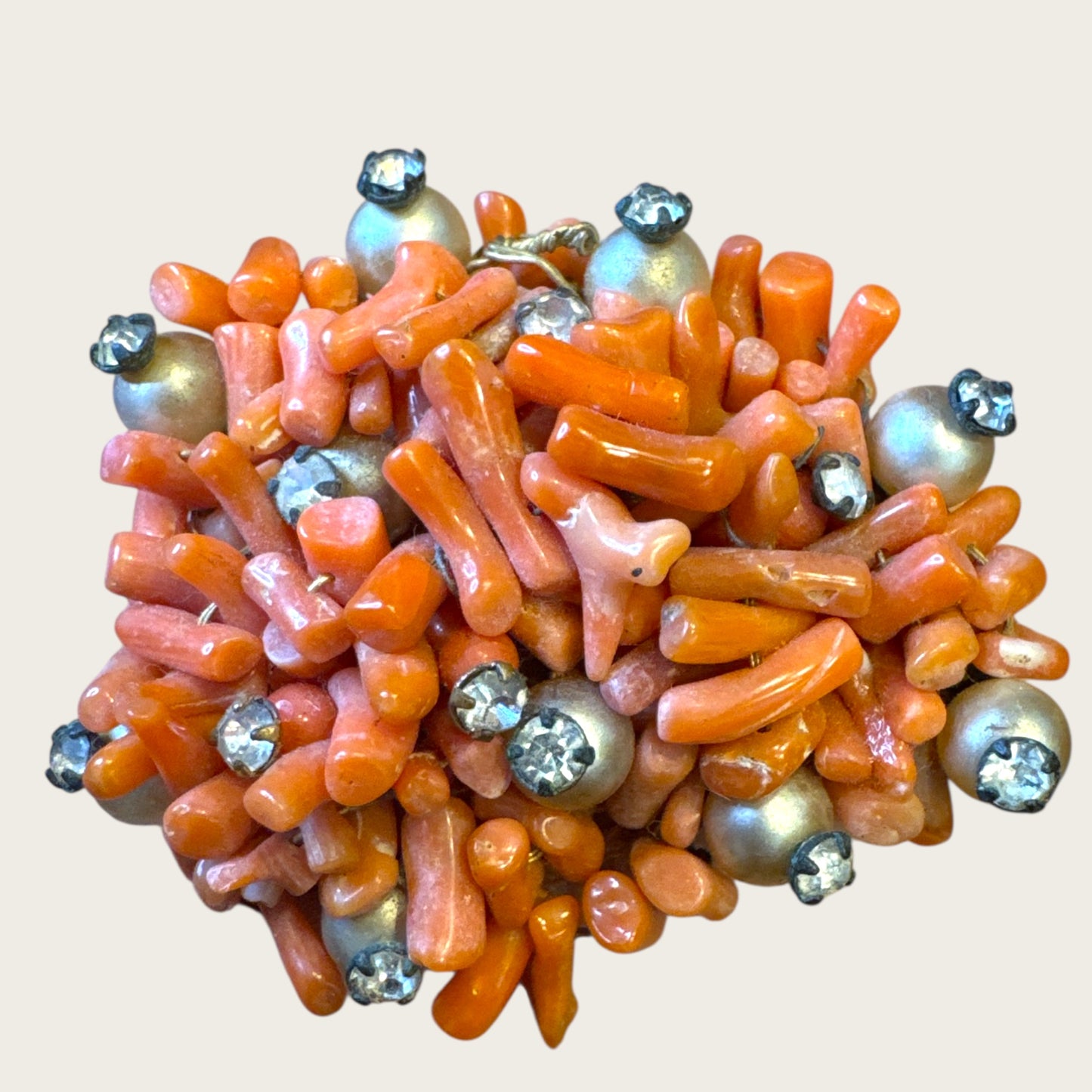 Antique Hand-Wired Coral Cluster Brooch with Pearls & Paste Stones – c. 1915–1925 Filigree Artisan Work