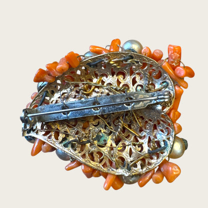 Antique Hand-Wired Coral Cluster Brooch with Pearls & Paste Stones – c. 1915–1925 Filigree Artisan Work
