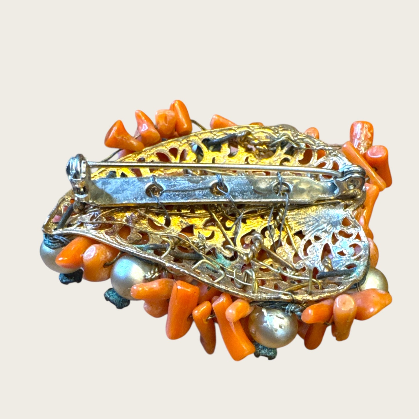 Antique Hand-Wired Coral Cluster Brooch with Pearls & Paste Stones – c. 1915–1925 Filigree Artisan Work