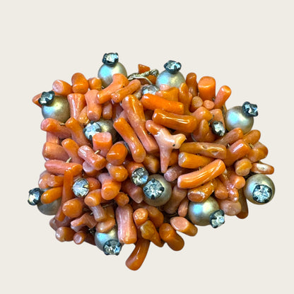 Antique Hand-Wired Coral Cluster Brooch with Pearls & Paste Stones – c. 1915–1925 Filigree Artisan Work