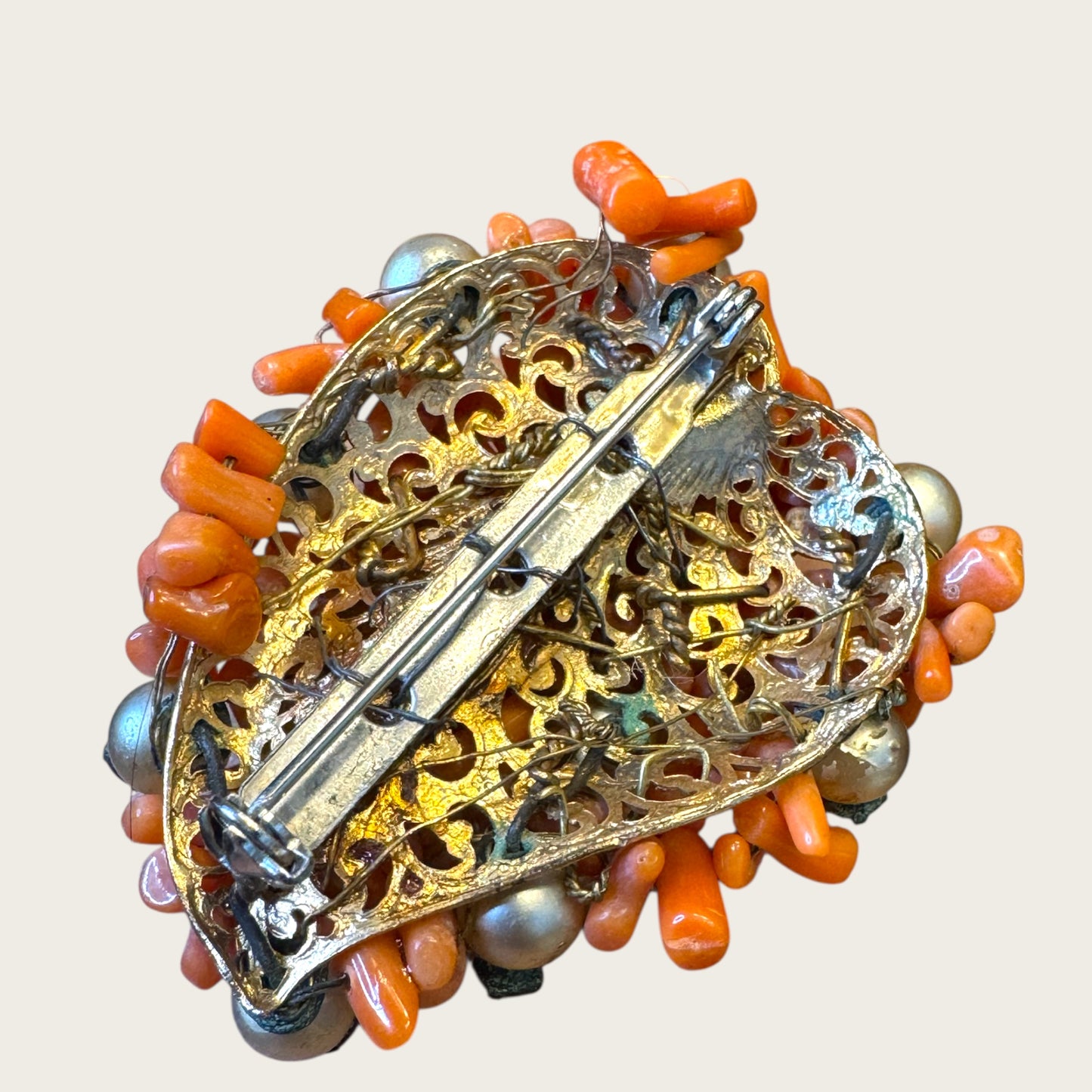 Antique Hand-Wired Coral Cluster Brooch with Pearls & Paste Stones – c. 1915–1925 Filigree Artisan Work
