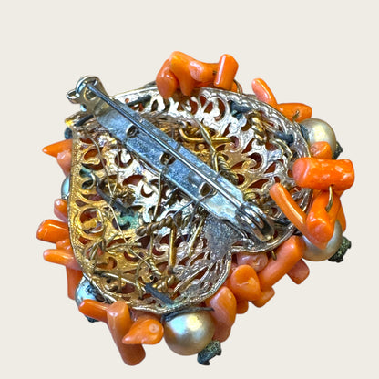 Antique Hand-Wired Coral Cluster Brooch with Pearls & Paste Stones – c. 1915–1925 Filigree Artisan Work