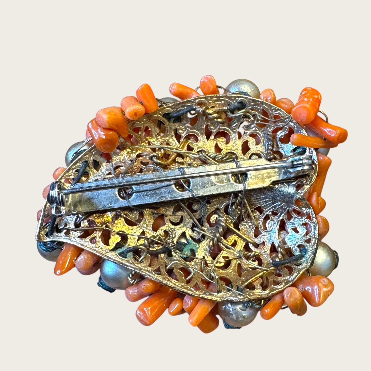 Antique Hand-Wired Coral Cluster Brooch with Pearls & Paste Stones – c. 1915–1925 Filigree Artisan Work