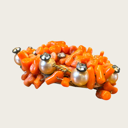Antique Hand-Wired Coral Cluster Brooch with Pearls & Paste Stones – c. 1915–1925 Filigree Artisan Work