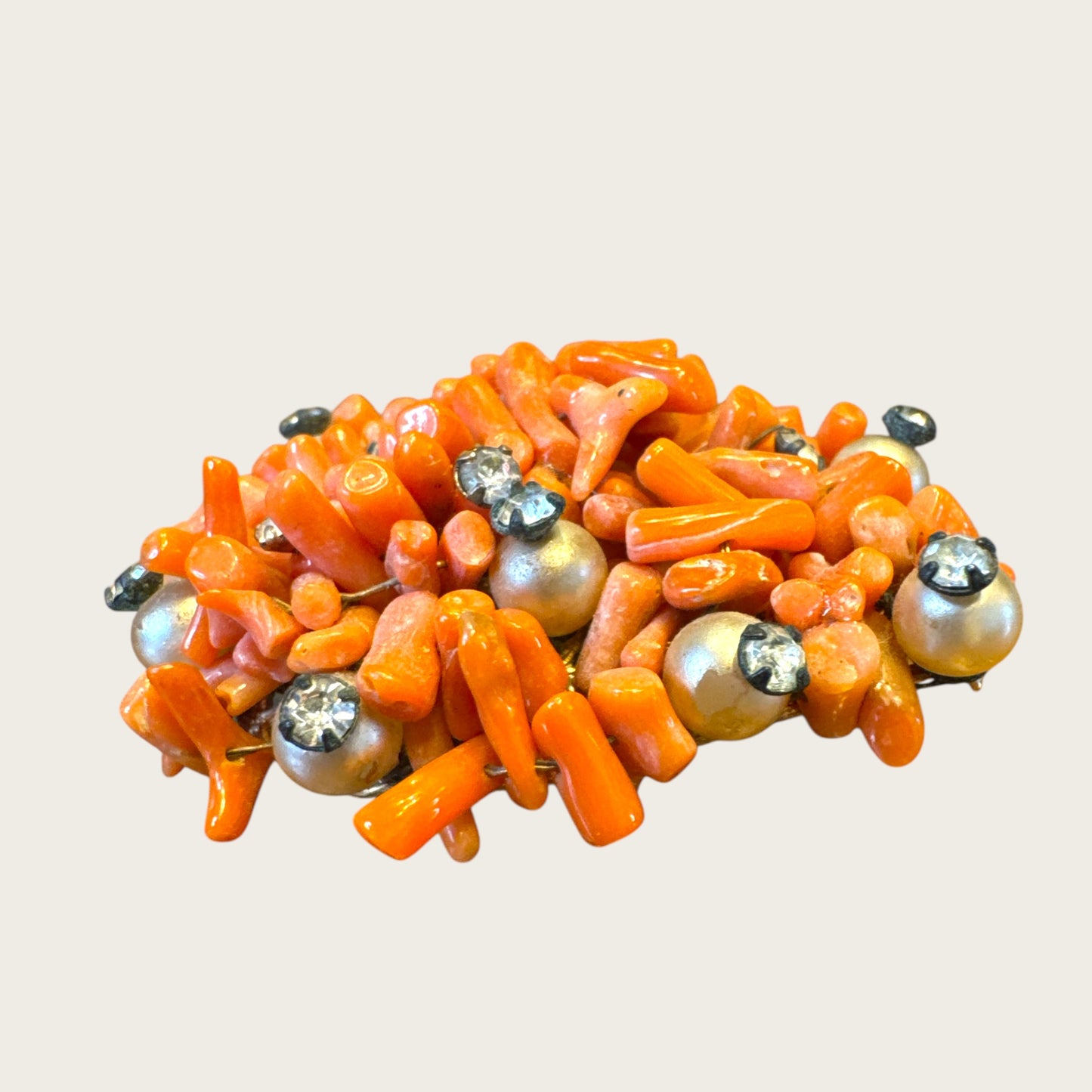 Antique Hand-Wired Coral Cluster Brooch with Pearls & Paste Stones – c. 1915–1925 Filigree Artisan Work