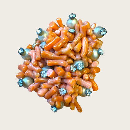 Antique Hand-Wired Coral Cluster Brooch with Pearls & Paste Stones – c. 1915–1925 Filigree Artisan Work