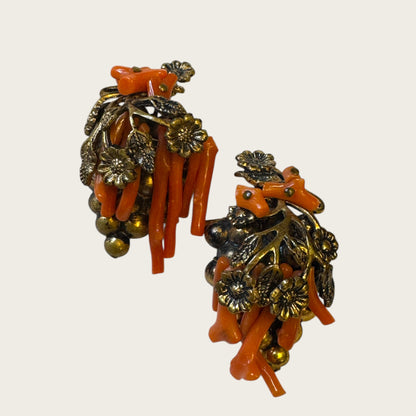 Antique Genuine Coral Floral & Grapevine Scatter Pin Duo – Hand-Wired Branch Coral, c. 1920s–1930s