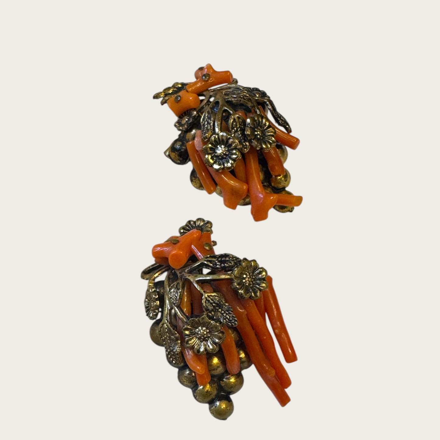Antique Genuine Coral Floral & Grapevine Scatter Pin Duo – Hand-Wired Branch Coral, c. 1920s–1930s
