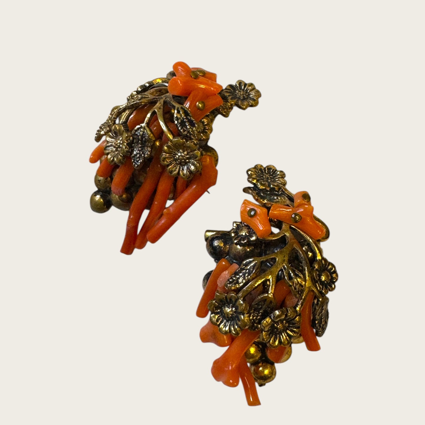 Antique Genuine Coral Floral & Grapevine Scatter Pin Duo – Hand-Wired Branch Coral, c. 1920s–1930s