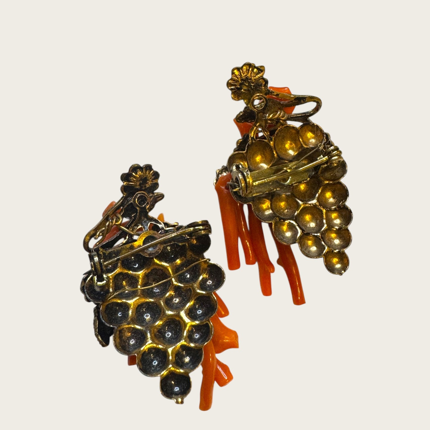 Antique Genuine Coral Floral & Grapevine Scatter Pin Duo – Hand-Wired Branch Coral, c. 1920s–1930s