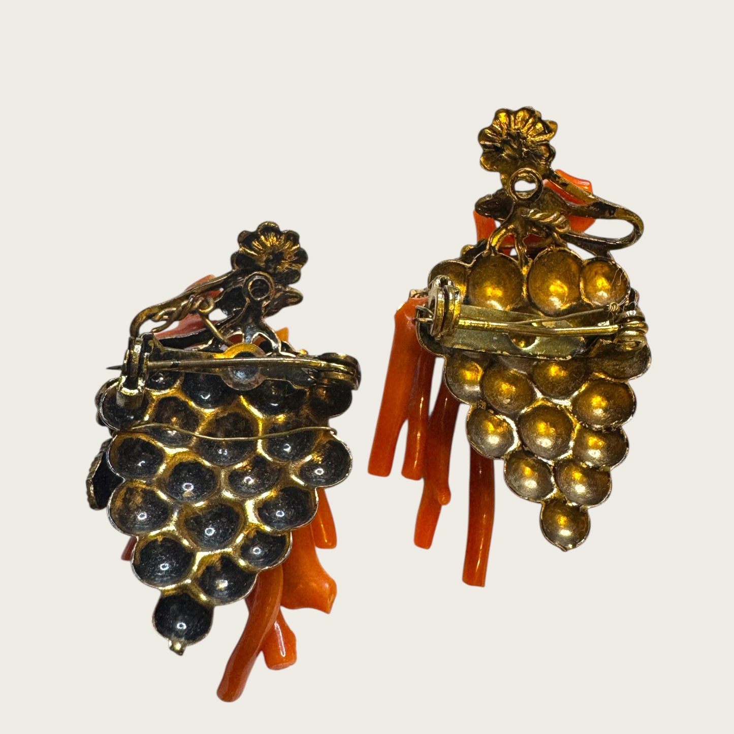 Antique Genuine Coral Floral & Grapevine Scatter Pin Duo – Hand-Wired Branch Coral, c. 1920s–1930s