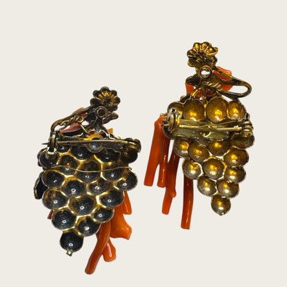 Antique Genuine Coral Floral & Grapevine Scatter Pin Duo – Hand-Wired Branch Coral, c. 1920s–1930s