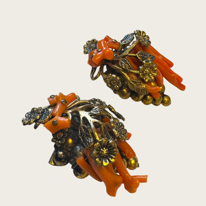 Antique Genuine Coral Floral & Grapevine Scatter Pin Duo – Hand-Wired Branch Coral, c. 1920s–1930s