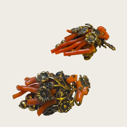 Antique Genuine Coral Floral & Grapevine Scatter Pin Duo – Hand-Wired Branch Coral, c. 1920s–1930s