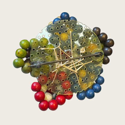 Antique 1930s Wooden Bead Floral Brooch – Hand-Woven Folk Art on Early Plastic Plate (Unsigned)Antique 1930s Wooden Bead Floral Brooch – Hand-Woven Folk Art on Early Plastic Plate (Unsigned)