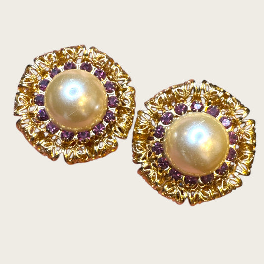 Vintage Gold Filigree Clip-On Earrings – Faux Pearl & Purple Crystal Accents