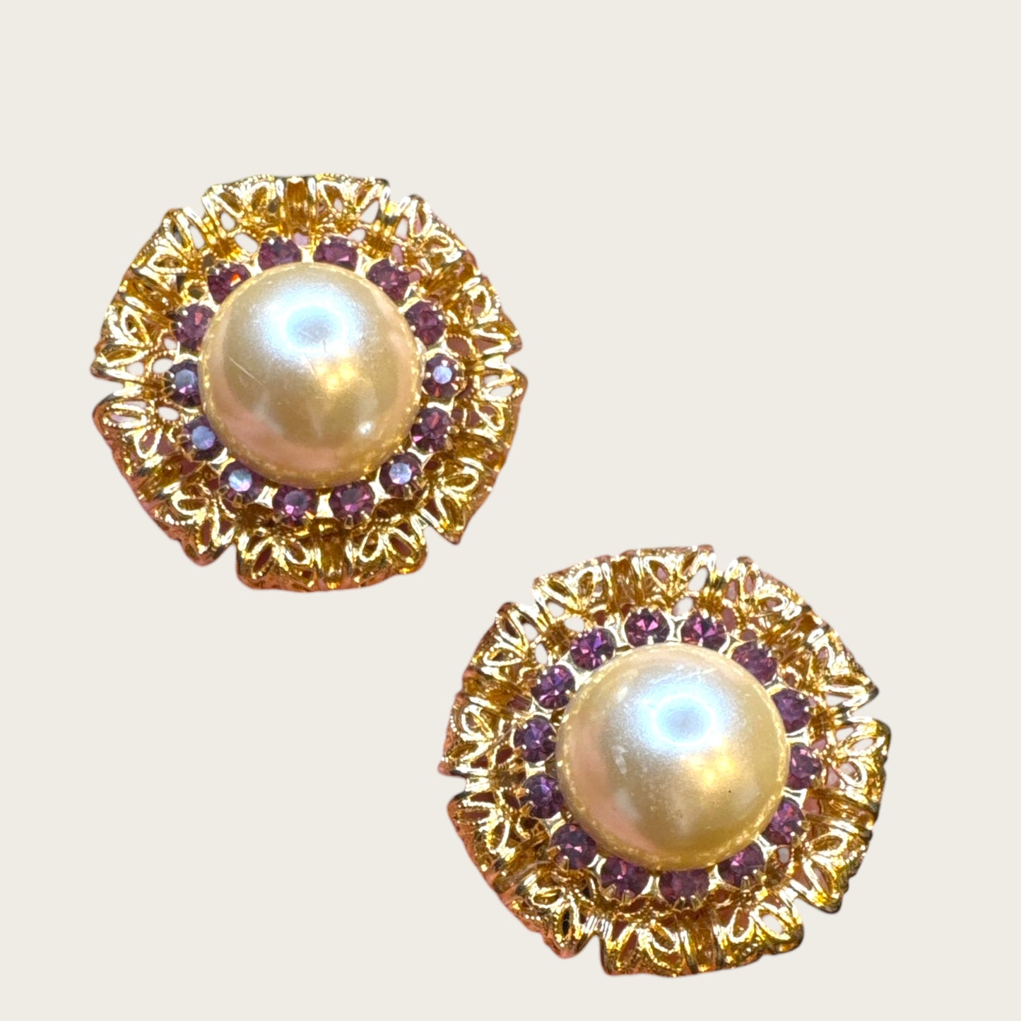 Vintage Gold Filigree Clip-On Earrings – Faux Pearl & Purple Crystal Accents