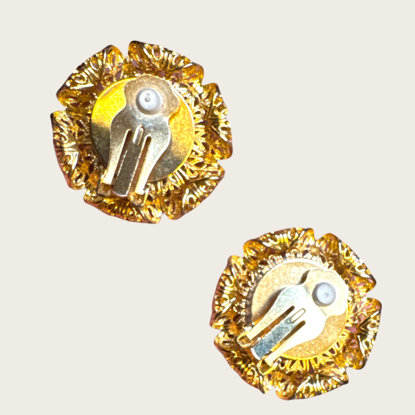 Vintage Gold Filigree Clip-On Earrings – Faux Pearl & Purple Crystal Accents
