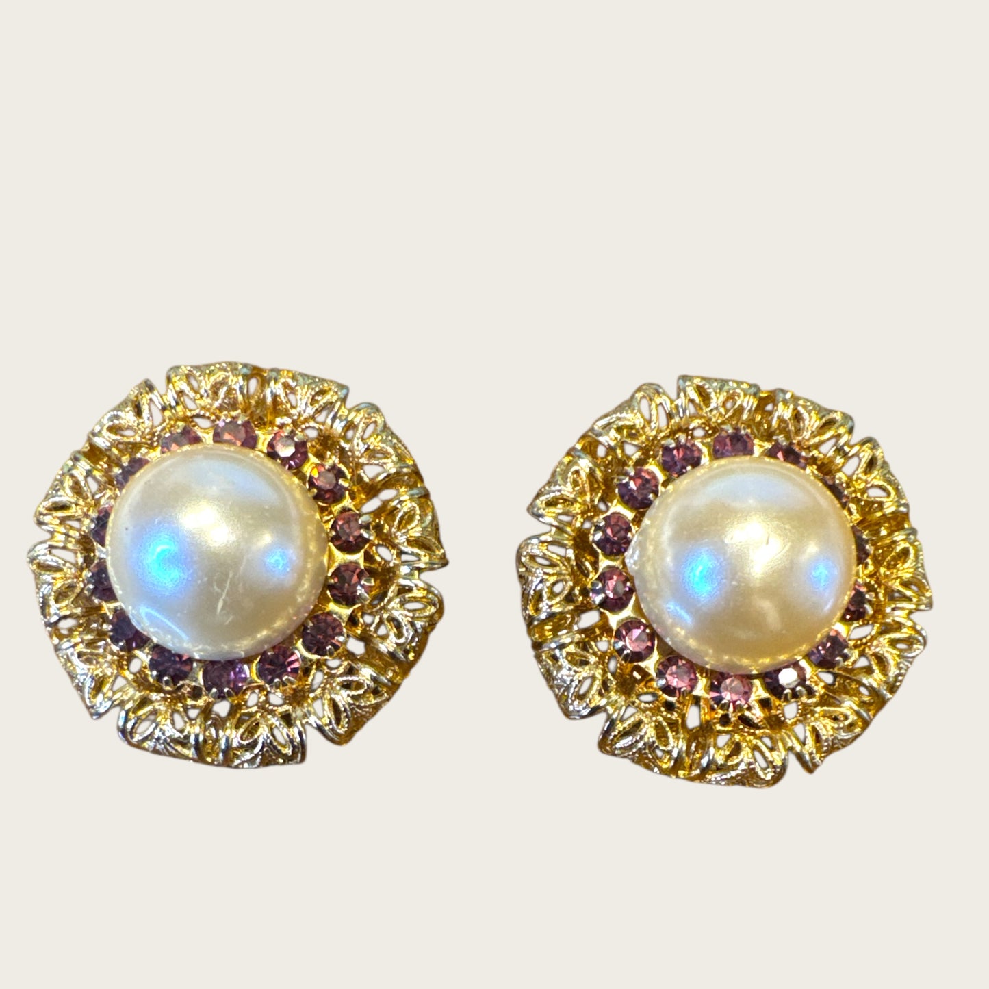 Vintage Gold Filigree Clip-On Earrings – Faux Pearl & Purple Crystal Accents